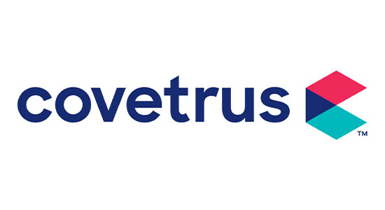 The image showcases the Covetrus logo with "covetrus" in blue lowercase letters. To the right, an abstract geometric shape in pink and teal symbolizes innovation in veterinary care.