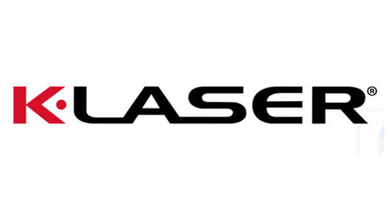Logo featuring the text "K-LASER" in bold black letters with a red stylized "K" and a small circular design element between the "K" and "LASER". Ideal for vet clinics, this logo stands out on a white background, conveying precision and care tailored for veterinarians.