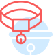 A simple illustration features a red, circular object reminiscent of a veterinarian's medallion pendant above a stylized, light blue sphere with a horizontal stripe and a small black circle beneath.