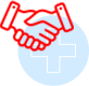 A red outline of two hands shaking is superimposed on a light blue cross symbol, suggesting themes of veterinary care, partnership, or medical collaboration.