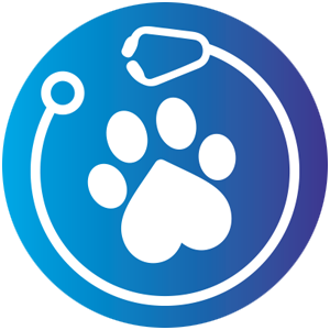 A white outline of a paw print and a stethoscope on a blue gradient background. The stethoscope encircles the paw, symbolizing expert veterinarian care.